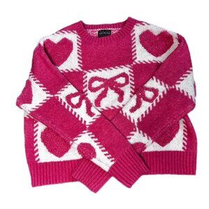 Major Label Group Bows and Hearts Sweater Pink and White Size S NWOT